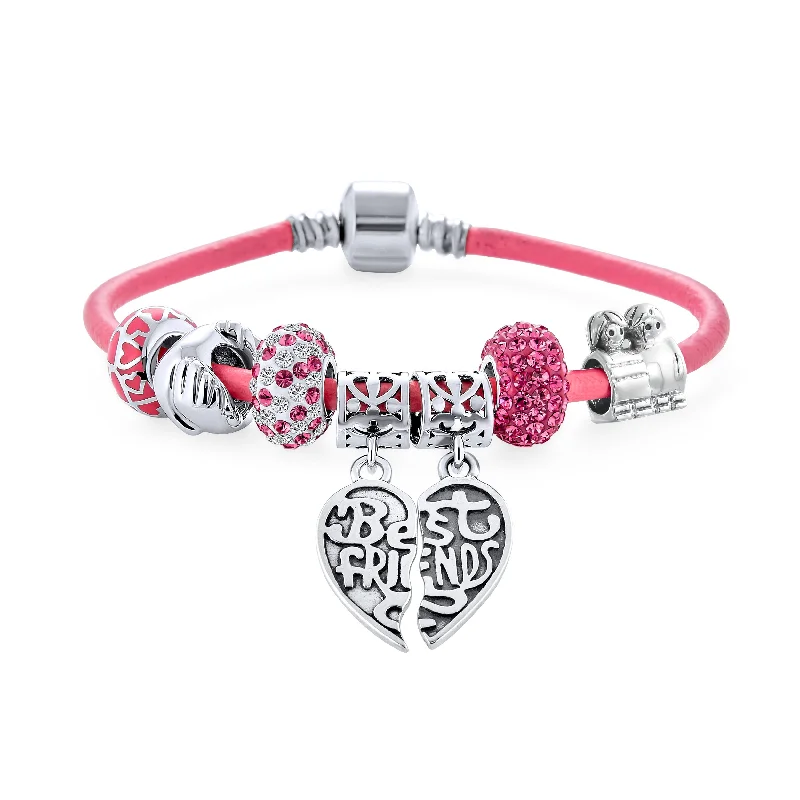 Personalized Bracelet for Couples-2 Piece Best Friend Heart Charm Bracelet Pink Leather & Silver Clasp 6.5-8.5In