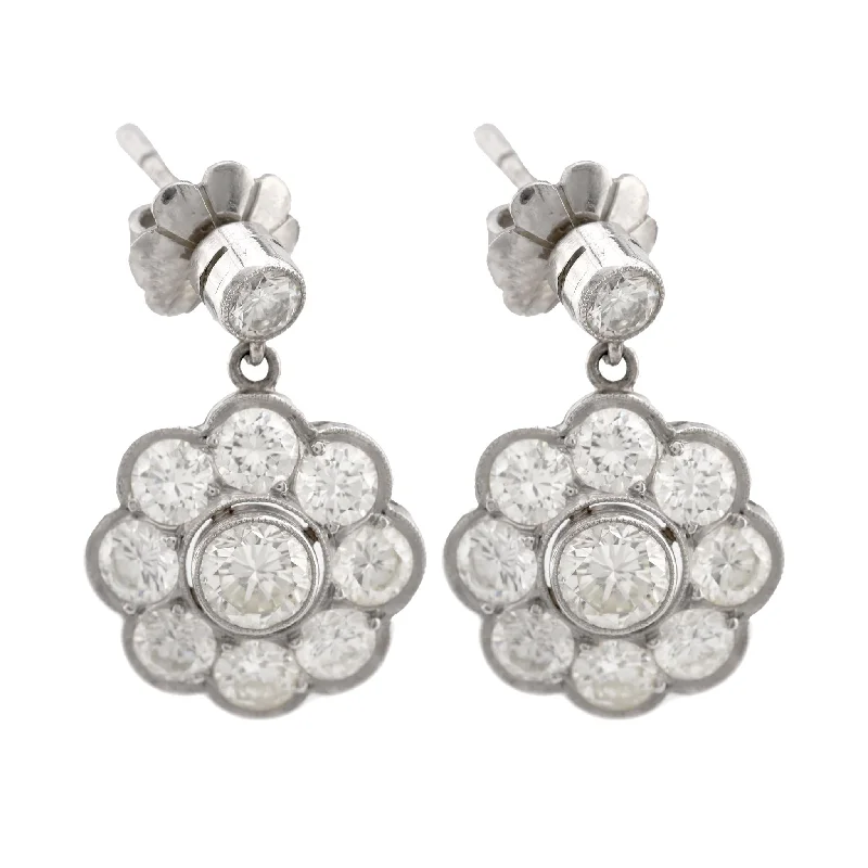 Elegant Dangle Earrings-Art Deco Inspired 3 Carat Round Brilliant Diamond Platinum Cluster Earrings