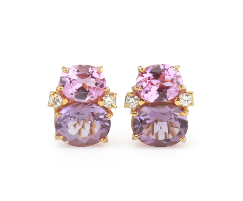 Golden Hoop Earrings-Medium GUM DROP™ Earrings with Pink Topaz and Amethyst and Diamonds