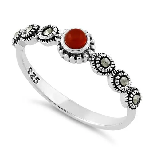 Cushion Cut Rings-Sterling Silver Small Round Red Marcasite Ring