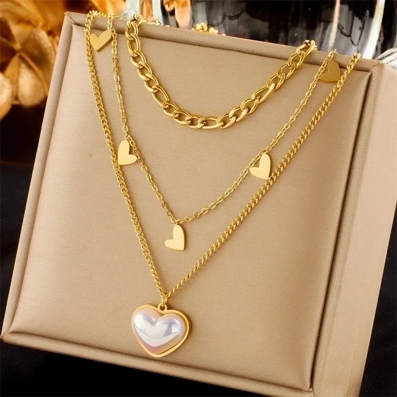 Engraved Name Necklaces-Simple Style Heart Shape Titanium Steel Plating Inlay Pearl 18k Gold Plated Layered Necklaces