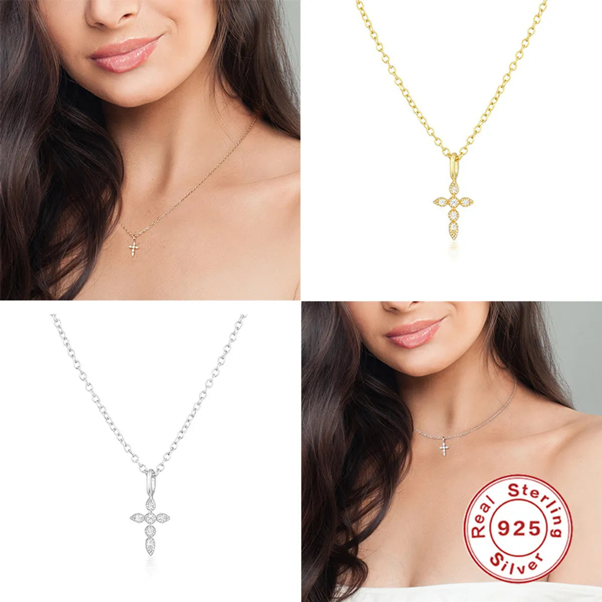 Pearl Necklaces-Sterling Silver Simple Style Cross Inlay Zircon Pendant Necklace