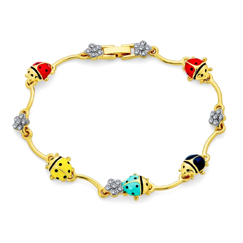 Gemstone Bangle Bracelets-Garden Lucky Ladybug Link Charm Bracelet Crystal Gold Plated