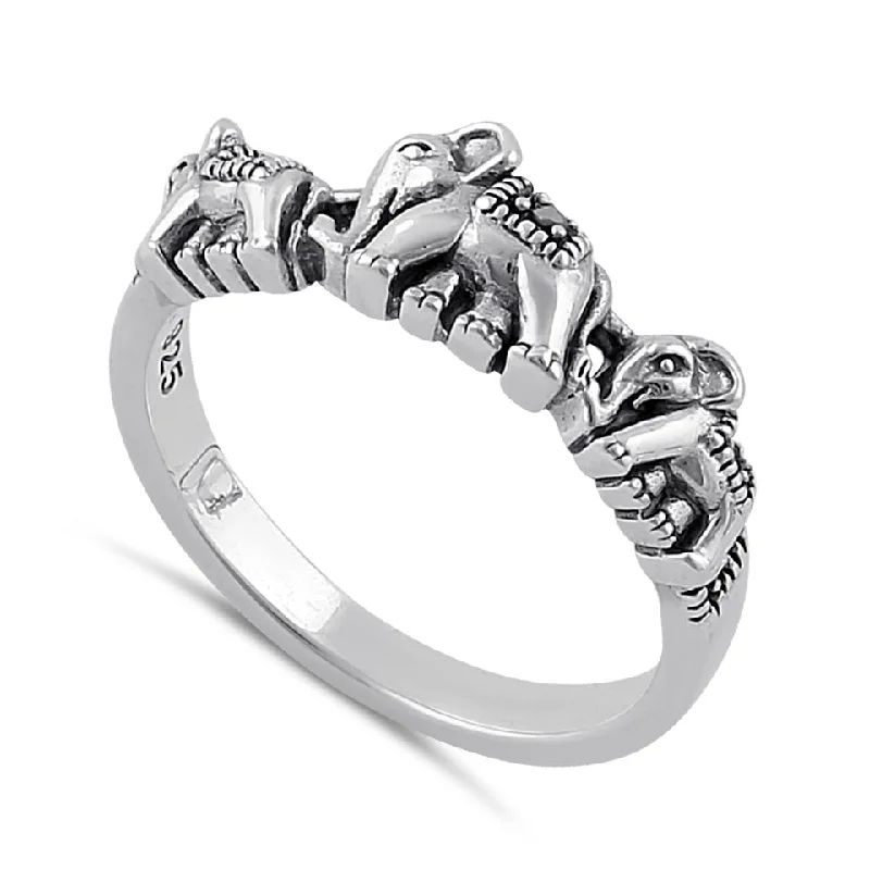 Boho Rings-Sterling Silver Triple Elephant Marcasite Ring