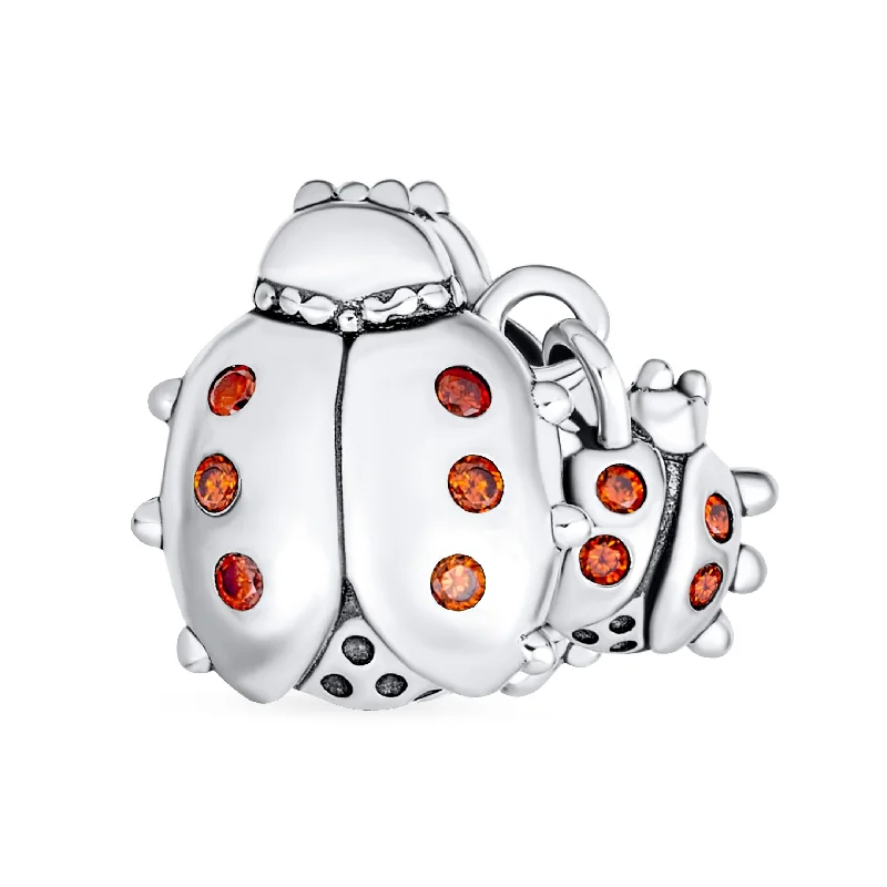 Leather Charm Bracelets-Insect Garden Ladybugs Red CZ Dangle Charm Bead Sterling Silver for Bracelet