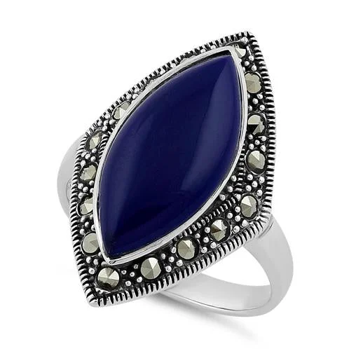 Amethyst Rings-Sterling Silver Marquise Blue Lapis Marcasite Ring