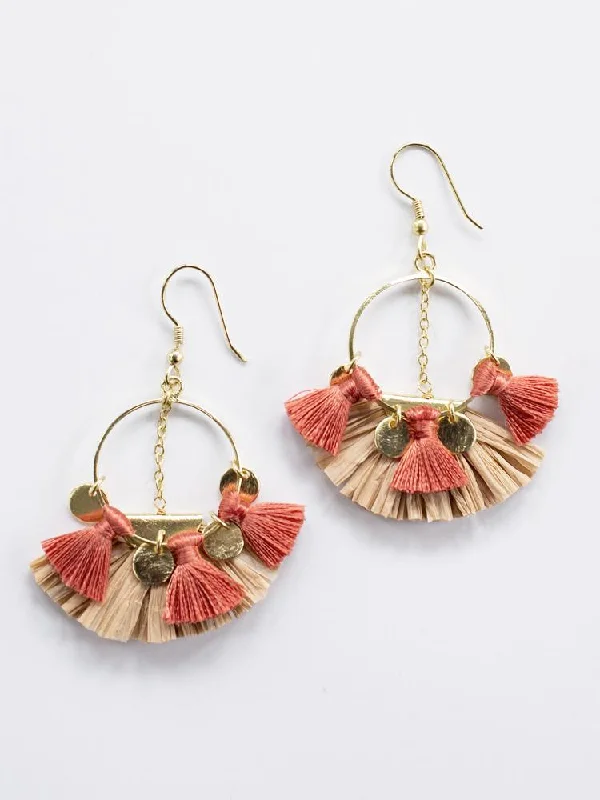 Colored Stone Earrings-Raffia Charm Earrings - Pink