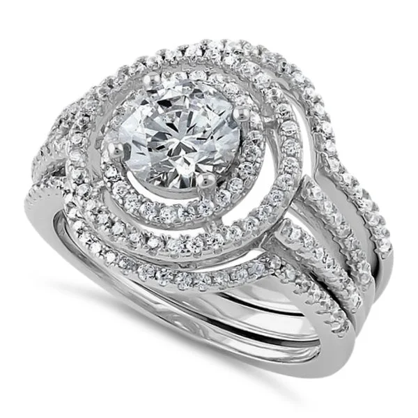 White Gold Rings-Sterling Silver Double Halo 3-Piece CZ Engagement Ring