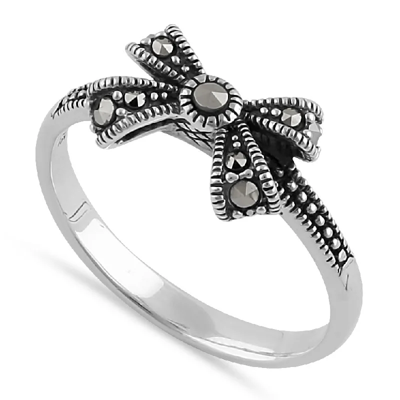 Luxury Custom Rings-Sterling Silver Dainty Bow Marcasite Ring