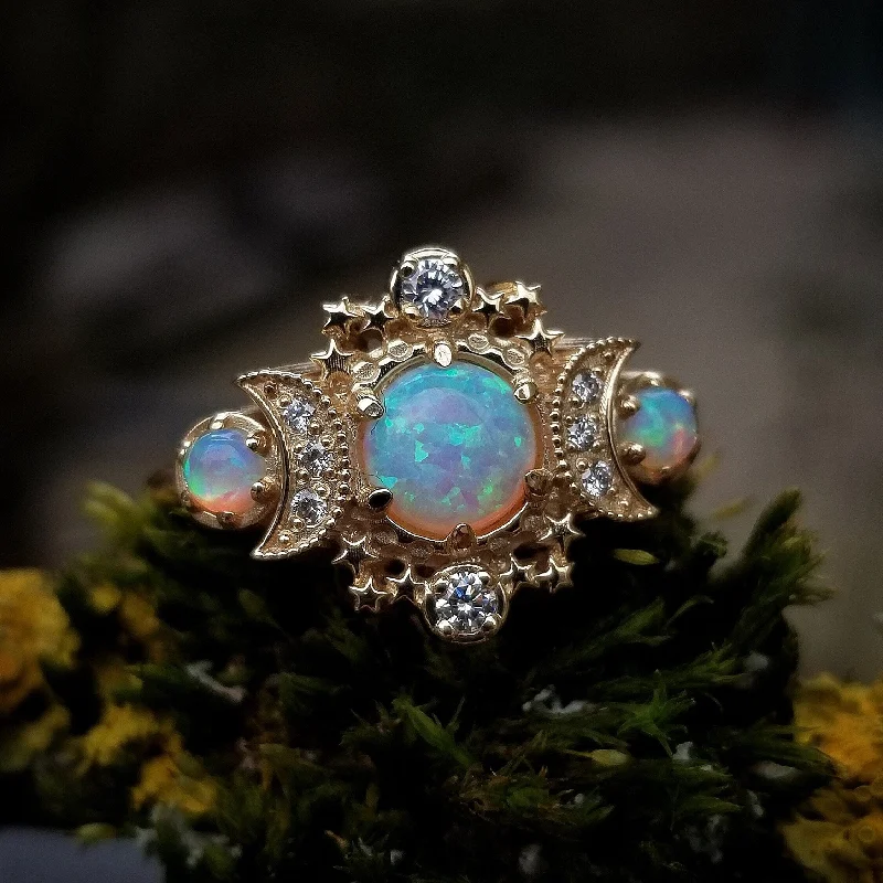 Birthstone Wedding Rings-Chatham Opal Cosmos Moon Witchy Engagement Ring - Palladium White Gold Celestial 3 Stone Diamond Stardust Ring -Unique Fine Jewelry