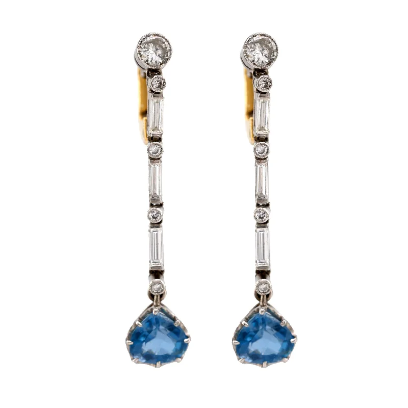 Colorful Earrings-Edwardian Style Aquamarine Diamond 18K Yellow White Gold Drop Earrings