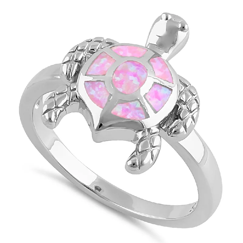 Artisan Rings-Sterling Silver Turtle Pink Lab Opal Ring