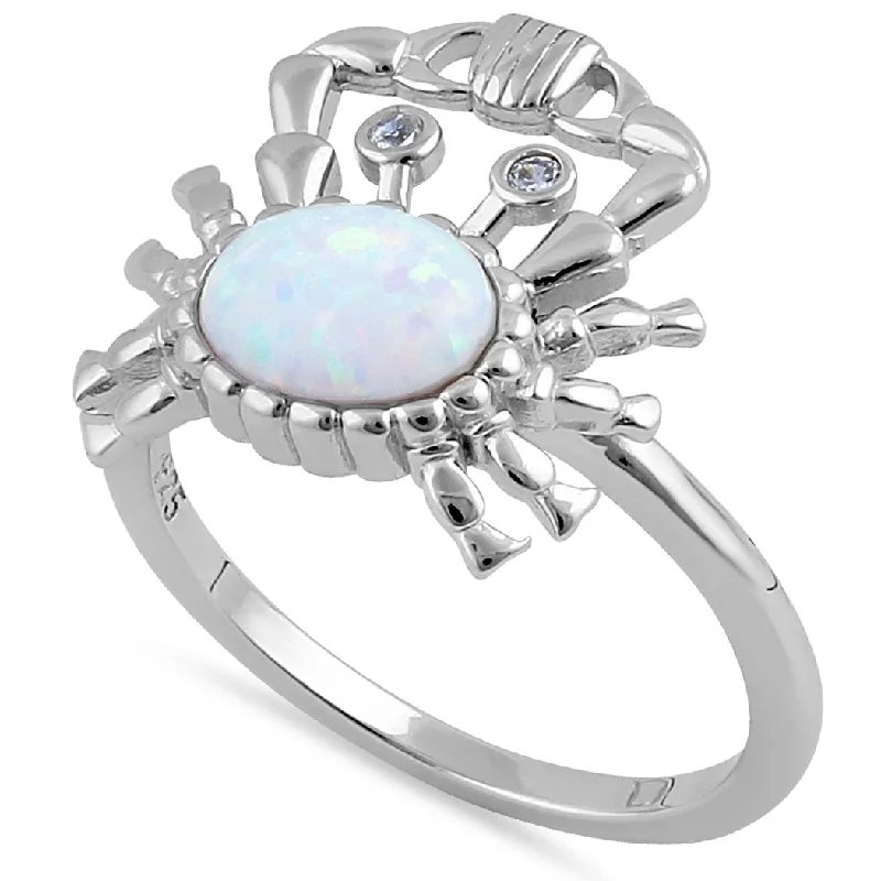 Halo Diamond Rings-Sterling Silver White Lab Opal Crab CZ Ring