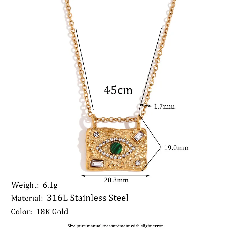 Malachite Eye Zircon Water Diamond Square Plate Pendant Necklace - Gold