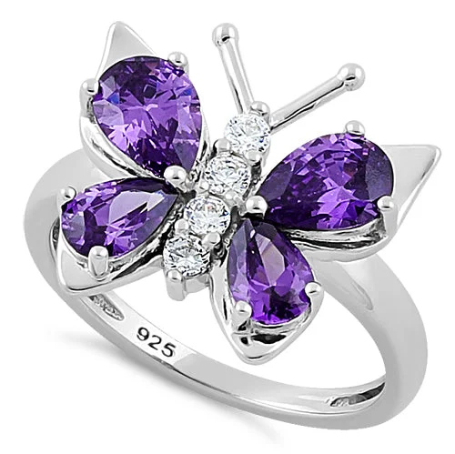 Vintage Gemstone Rings-Sterling Silver Purple CZ Butterfly Ring