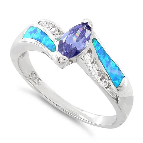 Star Rings-Sterling Silver Lab Opal Marquise Tanzanite CZ Ring