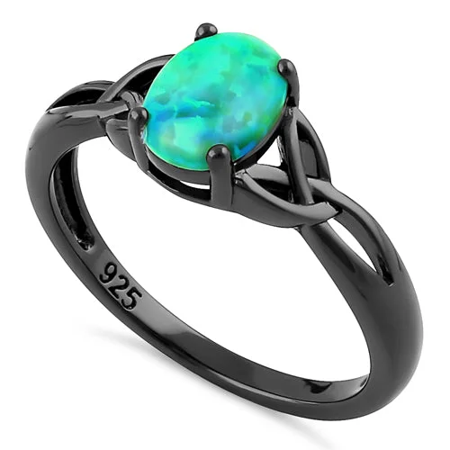 Vintage Silver Rings-Sterling Silver Black Rhodium Plated Center Stone Charmed Aqua Green Lab Opal Ring