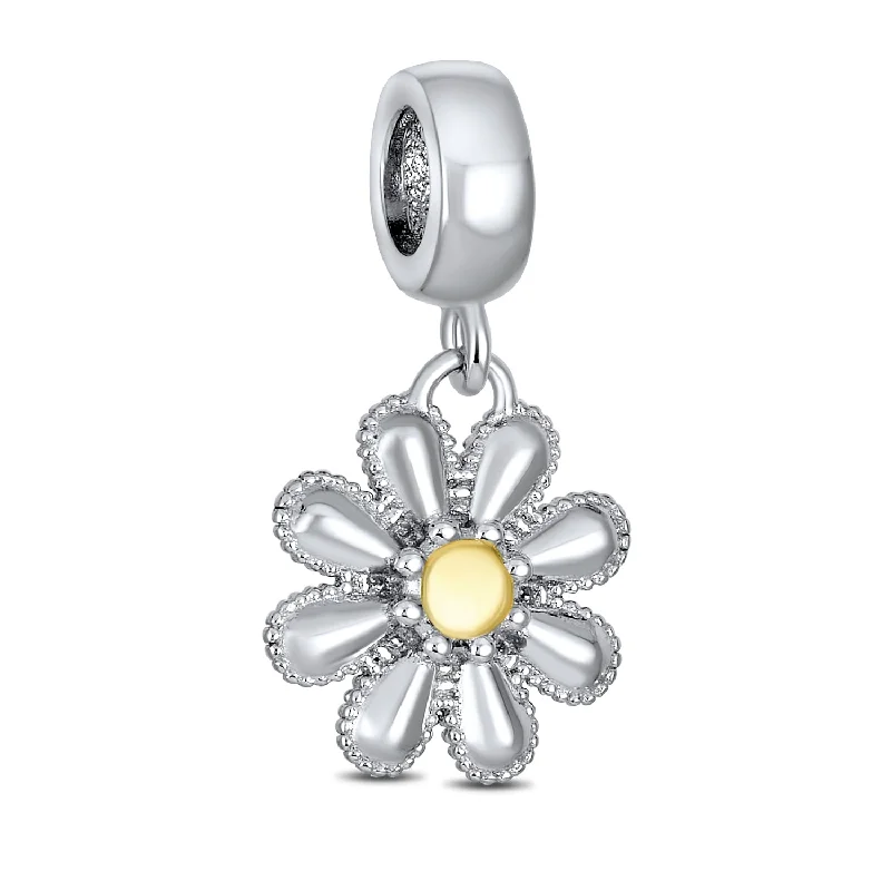 Designer Bracelets-Sunflower Daisy Charm Bead Two-Tone 14K Gold Plated Fits European Bracelet