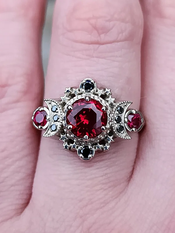 Classy Rings-Blood Moon Chatham Ruby Engagement Ring with Black Diamonds Cosmos Gothic Triple Moon Wedding Ring - 14k Palladium Gold