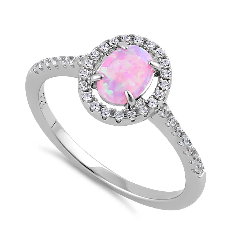 Men’s Birthstone Rings-Sterling Silver Pink Lab Opal and Clear CZ Oval Halo Ring