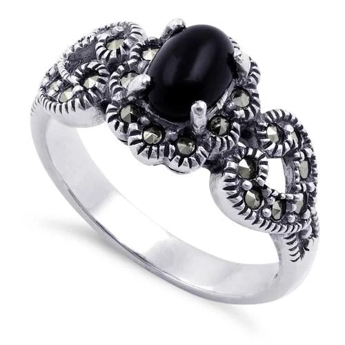 Simple Wedding Bands-Sterling Silver Oval Black Onyx Flower Hearts Marcasite Ring