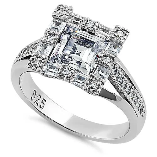 Fashion Rings-Sterling Silver Asscher-Cut CZ Engagement Ring