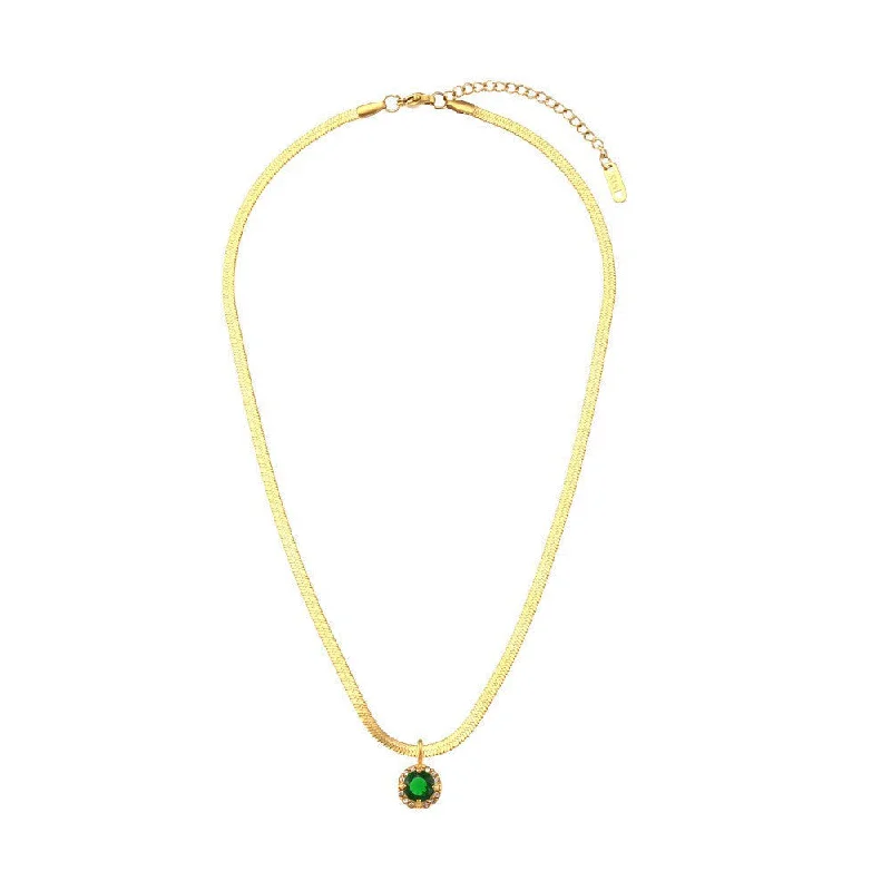 Human shaped fishbone chain round zircon pendant necklace - green