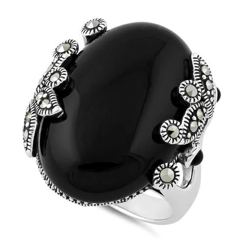 Custom Name Rings-Sterling Silver Big Oval Black Onyx Floral Marcasite Ring