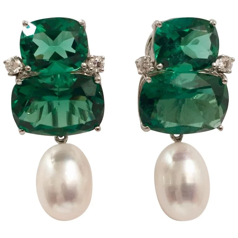 Single Hoop Earrings-Double Cushion Green Quartz Earrings with Detachable Pearls