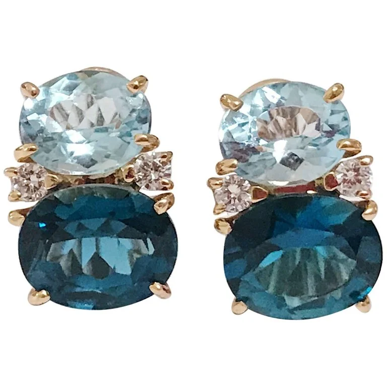 Sterling Silver Hoop Earrings-Medium GUM DROP™ Earrings with Two-Toned Blue Topaz and Diamonds