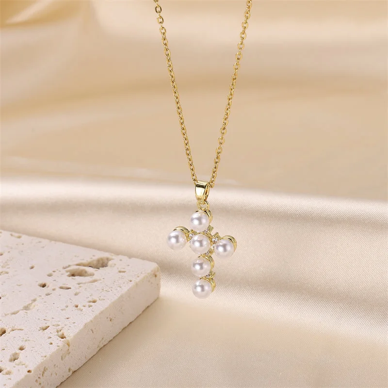 Energy Necklaces-Simple Style Cross Stainless Steel Brass Plating Inlay Pearl 18k Gold Plated Pendant Necklace