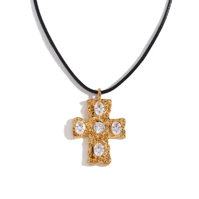 Beat Pattern Cross Black Rope Necklace - Gold - White Diamond