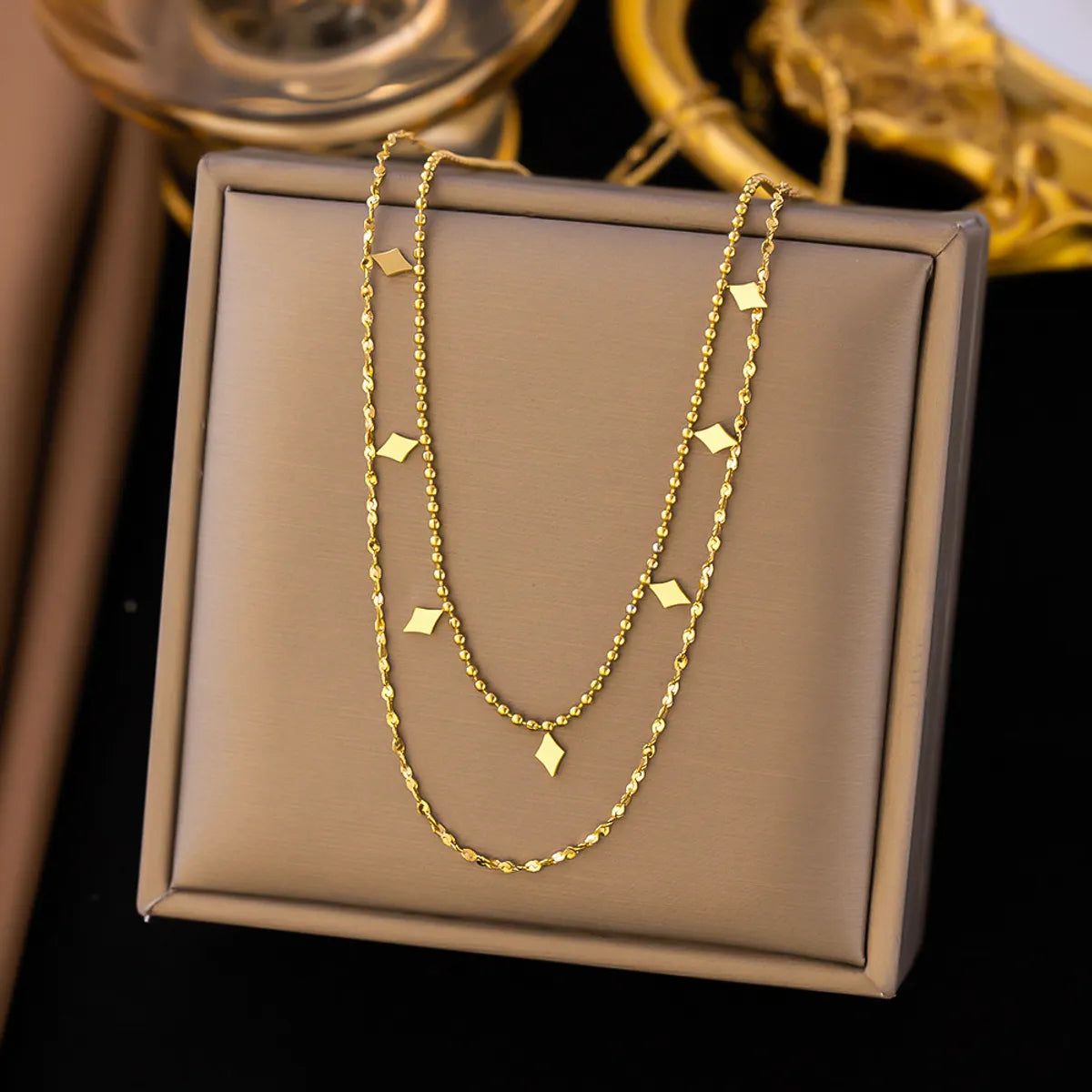 24 [Ah384] Diamond Double-Layer Necklace Gold