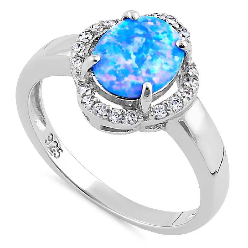 Statement Wedding Rings-Sterling Silver Elegant Blue Lavender Lab Opal Oval Flower Halo CZ Ring