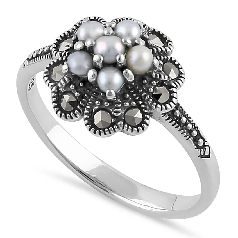 Luxury Custom Rings-Sterling Silver Fresh Water Pearl Marcasite  Vintage Flower Ring