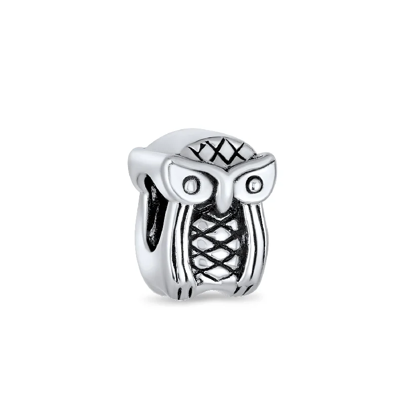 Fashionable Cuff Bracelets-Wise Graduate Owl Bird Charm Bead in Oxidized Sterling Silver for Bracelets