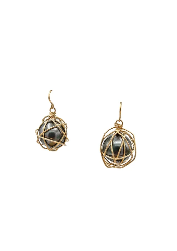 Birthstone Earrings-Gray Shell Pearl in Gold Cage Earrings