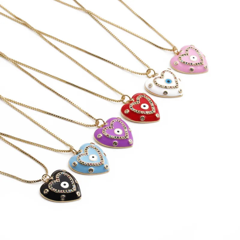 Moon Necklaces-Simple Style Devil'S Eye Heart Shape Copper Enamel Plating Inlay Zircon Gold Plated Pendant Necklace