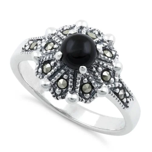 Eternity Rings-Sterling Silver Round Black Onyx Flower Marcasite Ring