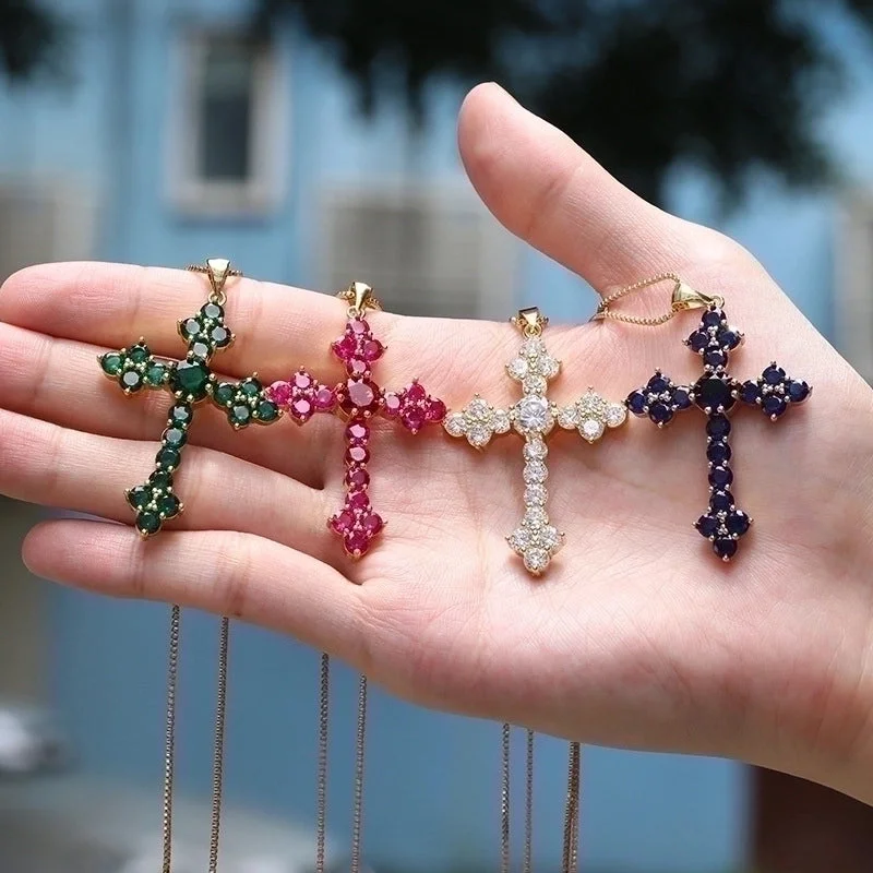 Religious Necklaces-European And American Fashion Cross Zircon Copper Necklace