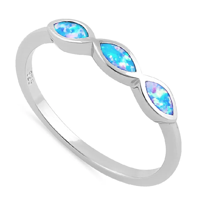 Eternity Diamond Rings-Sterling Silver Triple Marquise Blue Lavender Lab Opal Ring