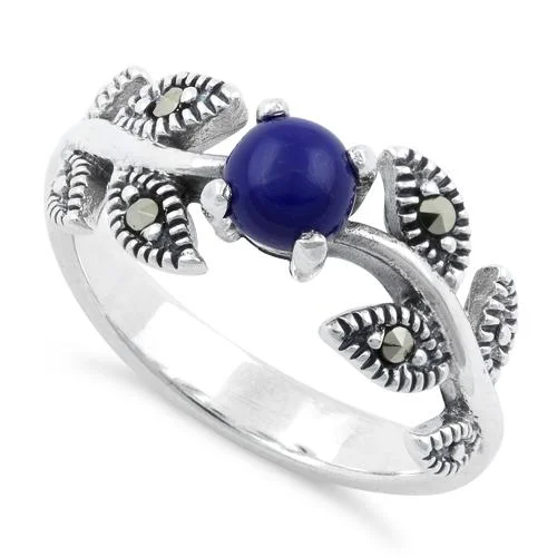 Artisan Rings-Sterling Silver Round Blue Lapis Leaves Marcasite Ring