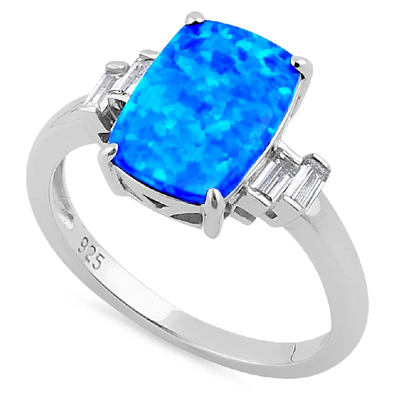 Antique Wedding Rings-Sterling Silver Blue Lab Opal Rectangular Ring