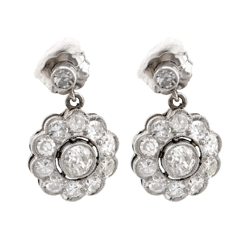 Geometric Drop Earrings-Art Deco Inspired Diamond Platinum Cluster Drop Earrings