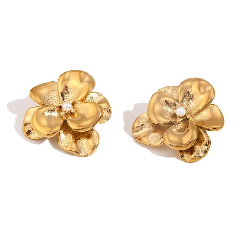 Double layered petal embellished pearl earrings - gold