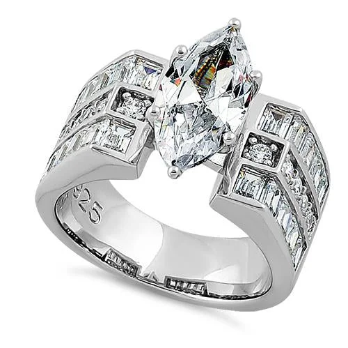 Women’s Fashion Rings-Sterling Silver 3.0 ct. Marquise CZ Engagement Ring