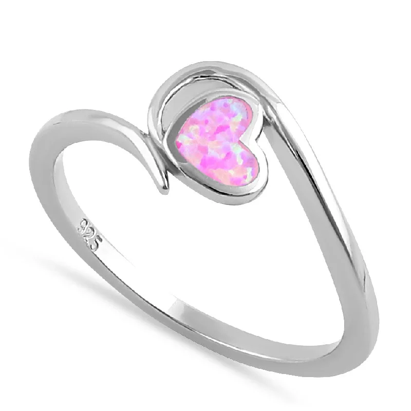 Classic Rings-Sterling Silver Pink Lab Opal  Heart in Wave Ring