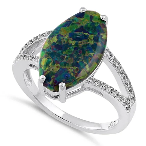 Two-Tone Rings-Sterling Silver Marquise Green-Black Lab Opal Ring