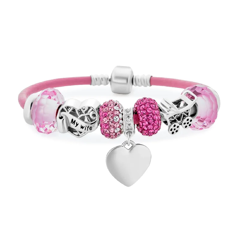 Handcrafted Bracelets-My Wife Heart Charm Bracelet Pink Leather Sterling Silver Beads 6.5-8.5 Inch