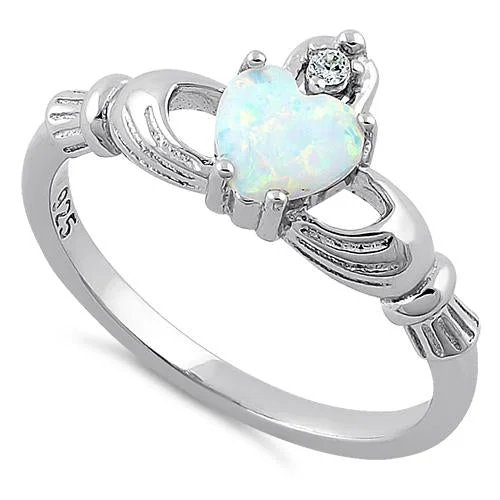 Statement Rings-Sterling Silver Claddagh White Lab Opal CZ Ring